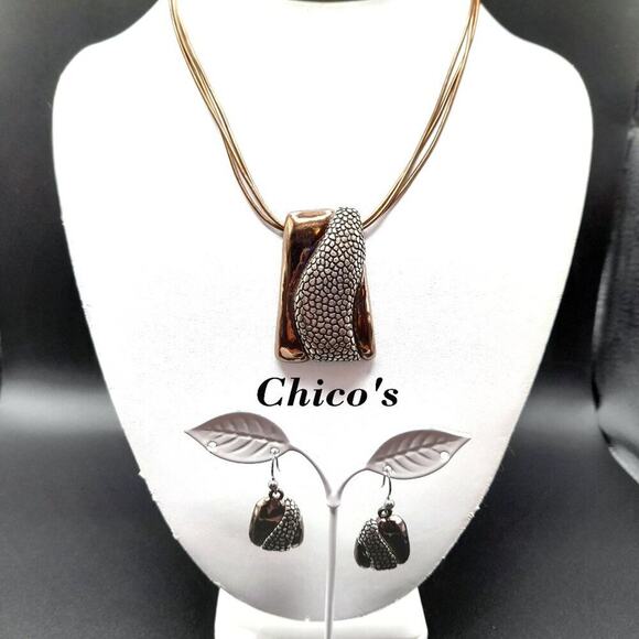 Chico's Bronze Silver Pendant Necklace Drop Earrings Set, Three Gold Cords, 20" - Picture 2 of 12